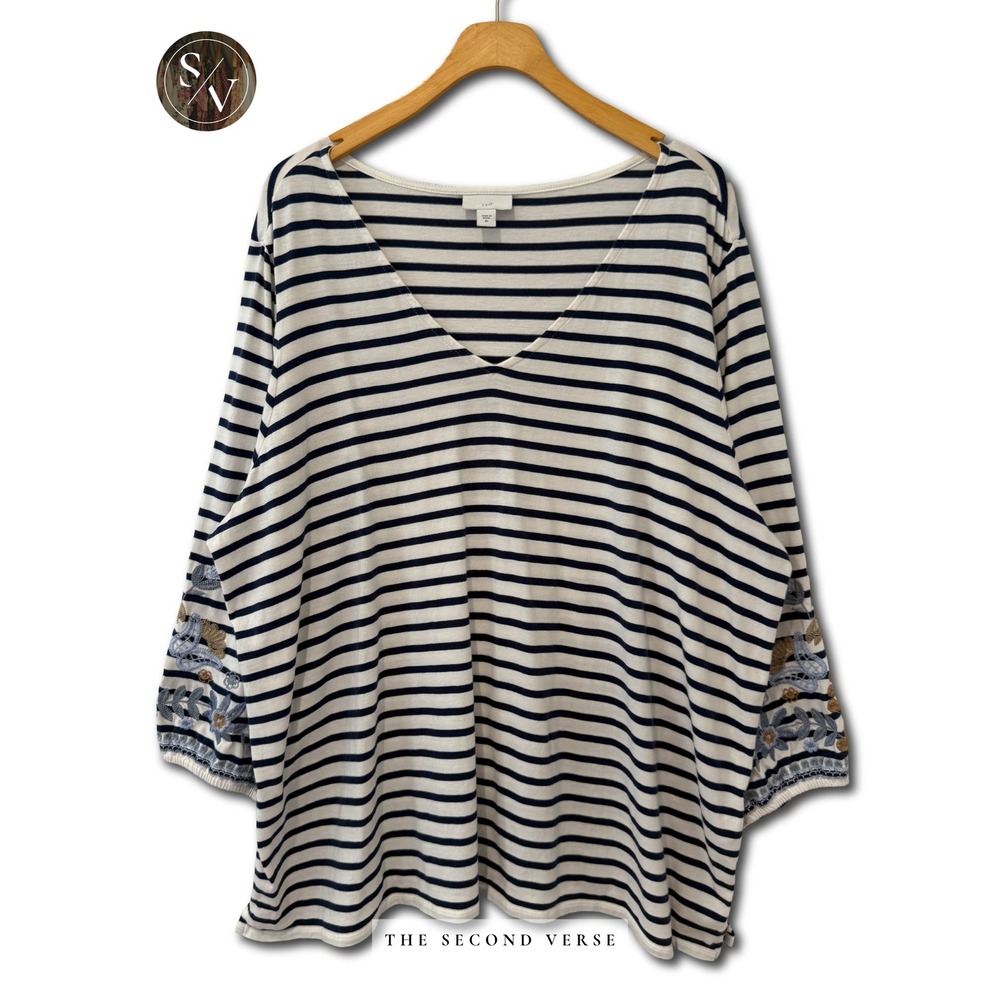J. Jill Womens Navy White Striped V-Neck Embroidered Sleeve Knit Size 2X